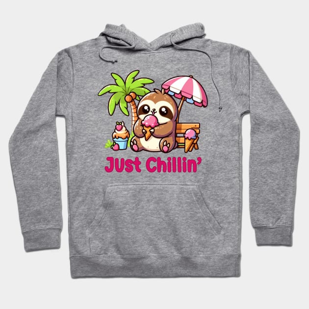 Lazy Days & Ice Cream Haze: Kawaii Sloth Chilling And Enjoying Ice Cream In The Summer Hoodie by Printastic Artisan Design